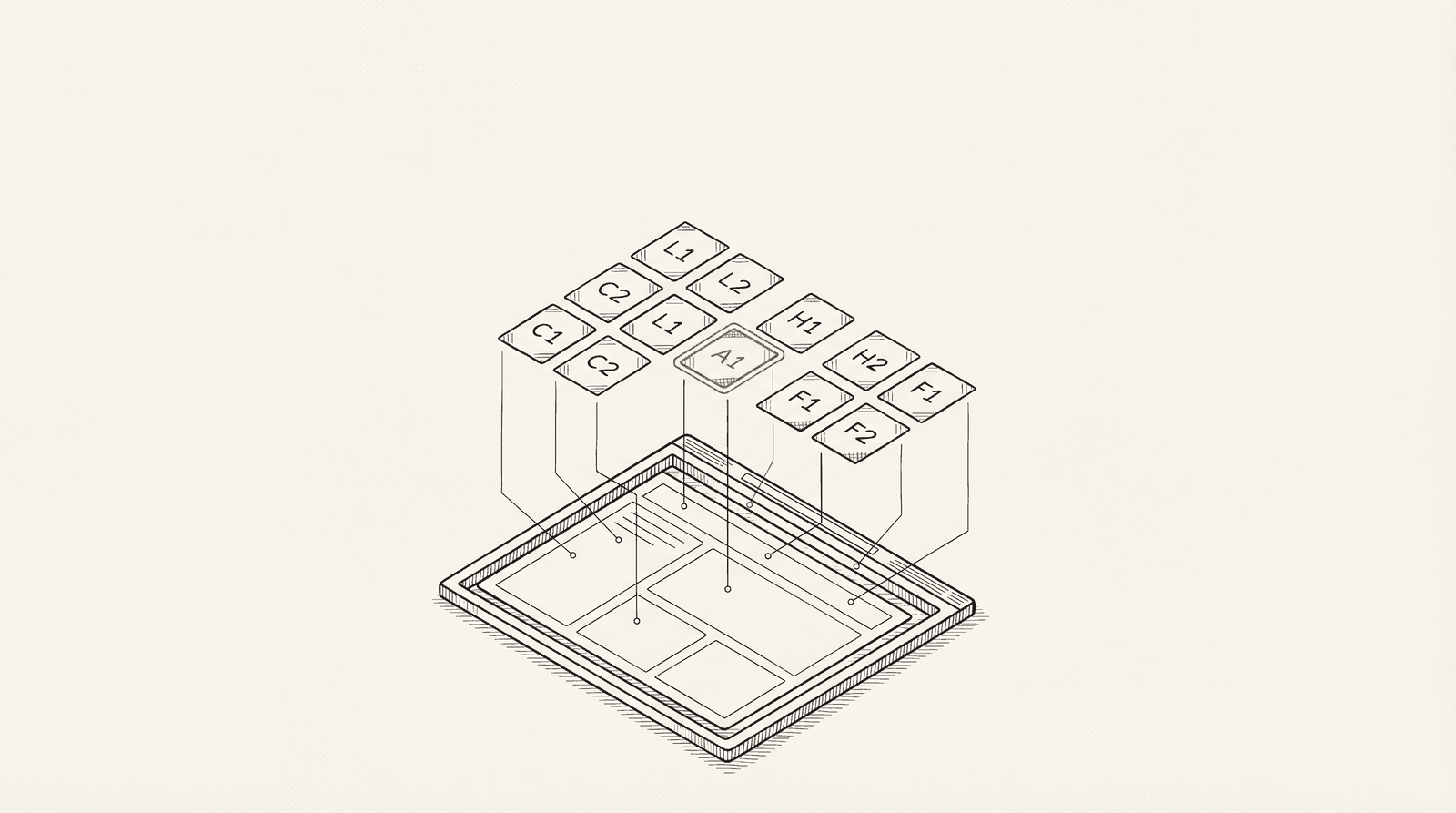 웹 페이지를 React 컴포넌트로 분해하는 아이소메트릭 다이어그램